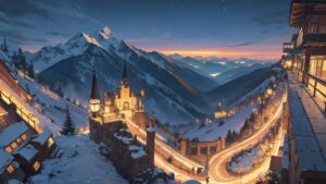 西洋の街並み/山の麓にある教会/城/冬の街並み/イラスト素材