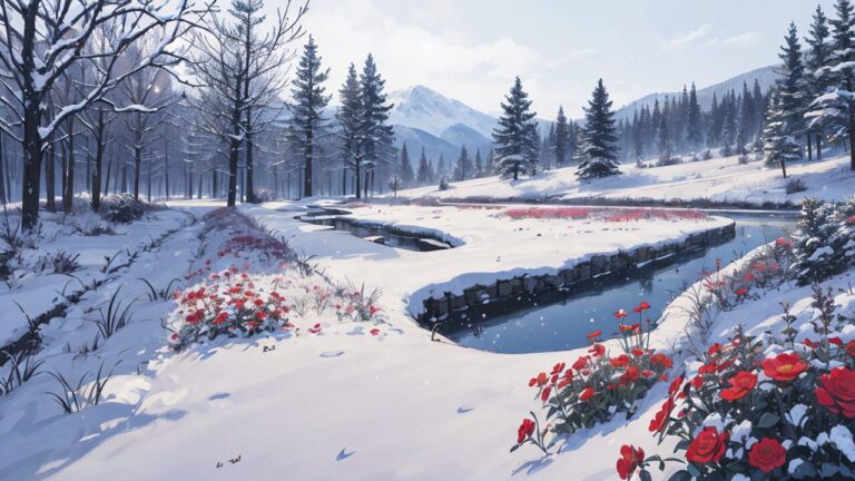 冬/雪景色/池/赤い花/イラスト素材