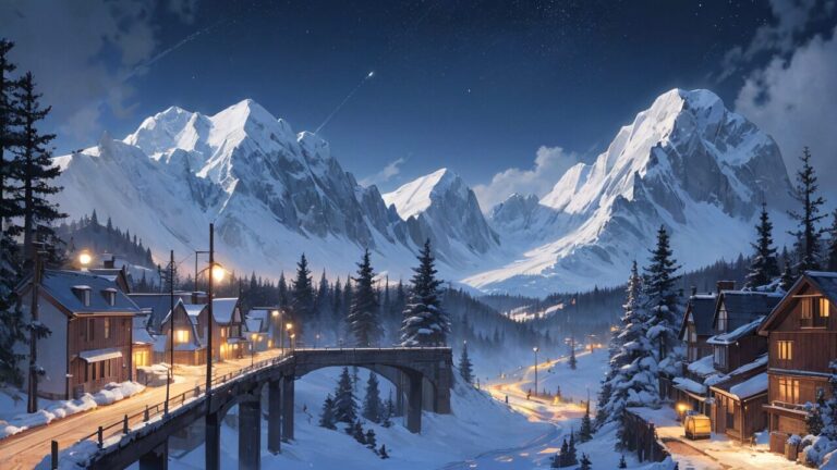 雪山/夜景/冬の夜景/イラスト素材