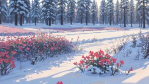 冬/雪景色/冬の森/赤い花/イラスト素材