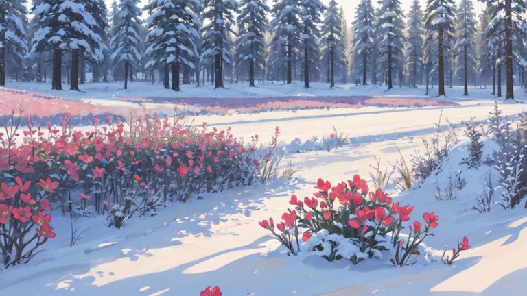 冬/雪景色/冬の森/赤い花/イラスト素材