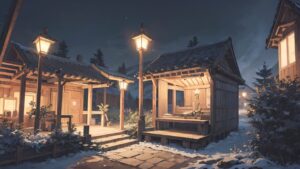 神社/夜の神社/神棚/雪/イラスト素材