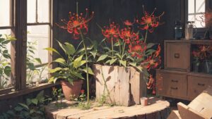 彼岸花/赤い花/鉢植え/イラスト素材