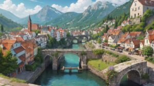 美しい街並み/川が流れる町/イラスト素材