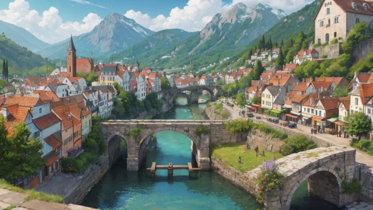 美しい街並み/川が流れる町/イラスト素材