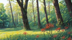 森/森の中に咲く花/彼岸花/イラスト素材