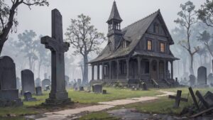 霧の墓地・古屋・静かな森のイラスト素材｜商用利用可