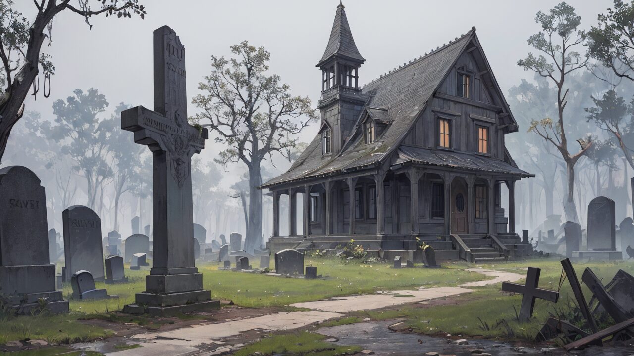 霧の墓地・古屋・静かな森のイラスト素材