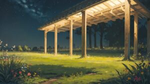 星空の下・木造ポーラ・花畑の夜のイラスト素材｜商用利用可