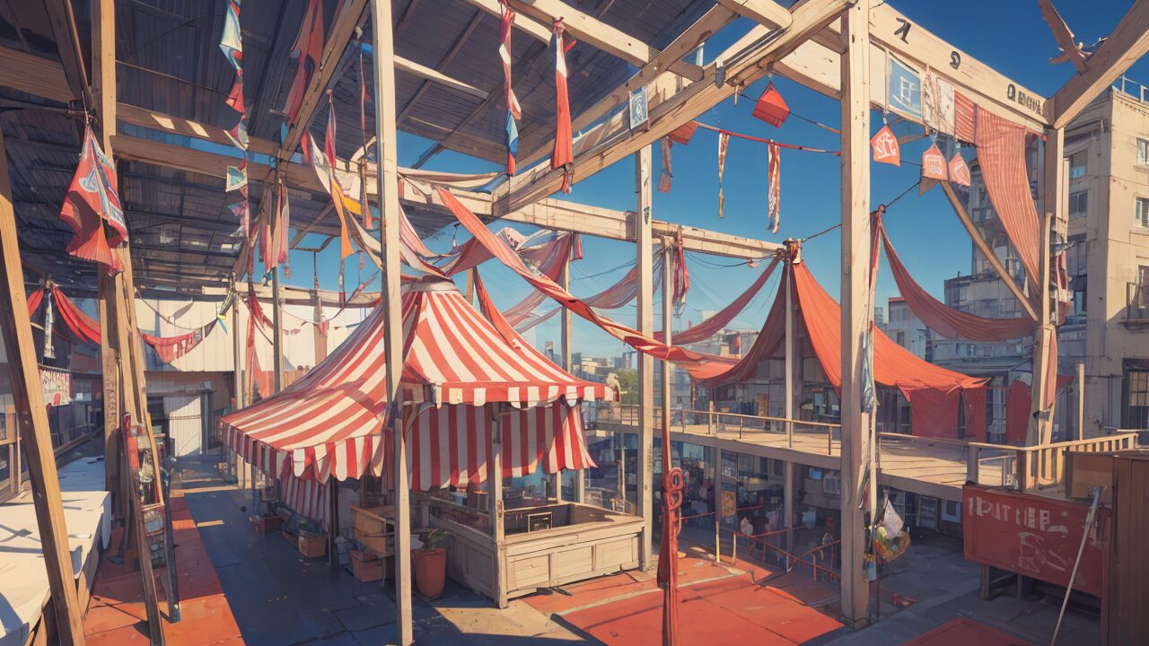 屋外市場・紅白テント・都市風景のイラスト素材