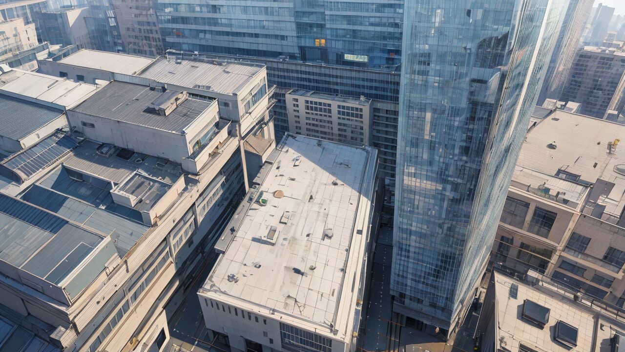 都市スカイライン・高層ビル群・建物屋上のイラスト素材