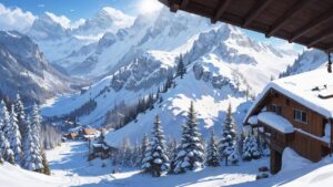 雪山・アルパカ・木造建築のイラスト素材｜商用利用可