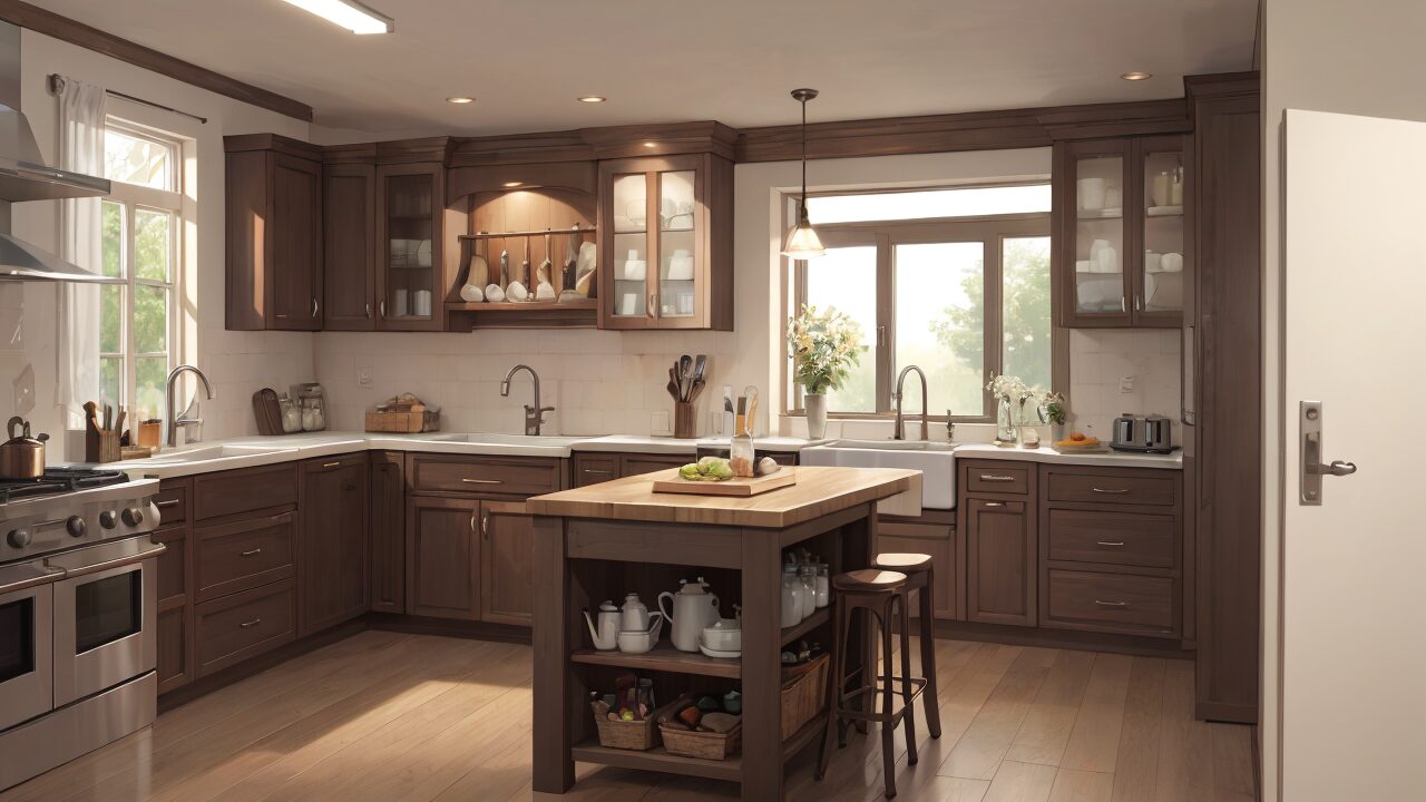 木製キッチン・インテリアデザイン・家庭用調理スペースのイラスト素材