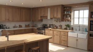 木製キッチン・明るい室内・モダンな家具のイラスト素材｜商用利用可