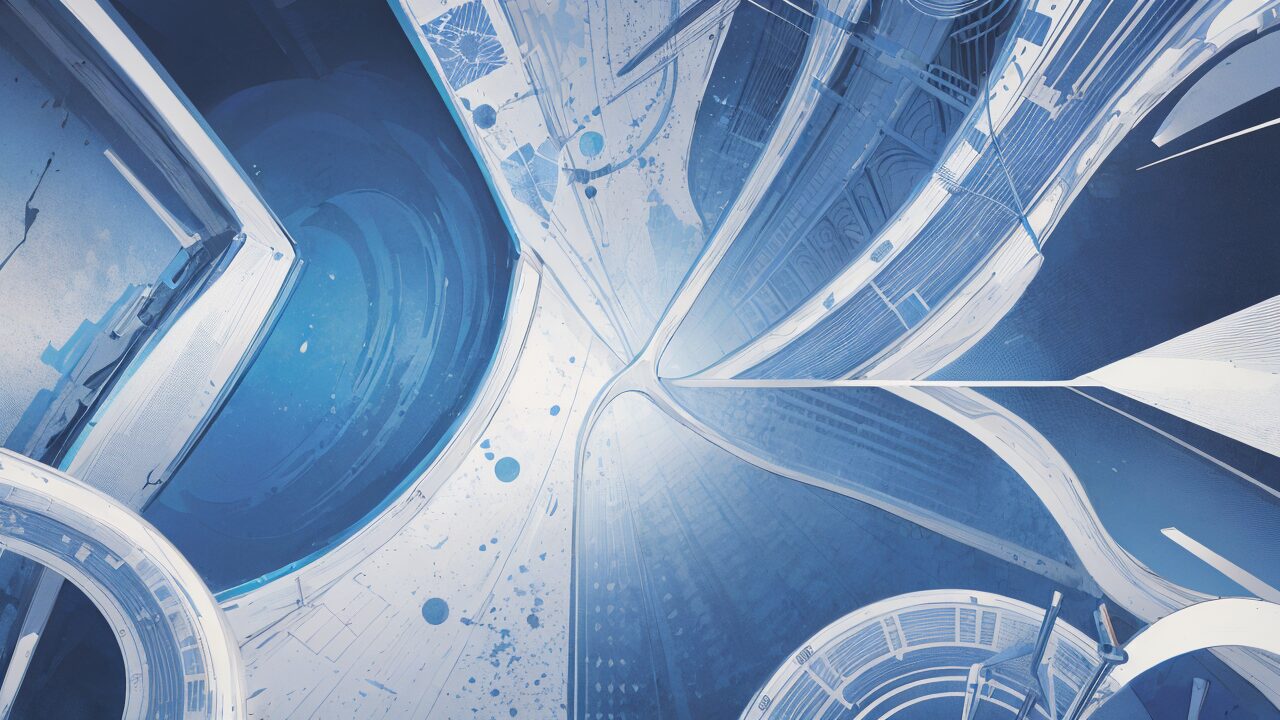 未来都市・抽象建築・銀色の光のイラスト素材