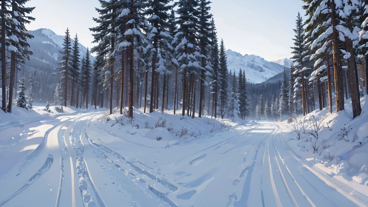 冬の森・雪道・山岳風景のイラスト素材