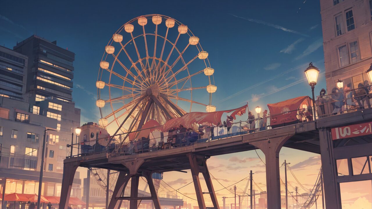 モーリン・夕焼け・都市のエンターテインメントのイラスト素材