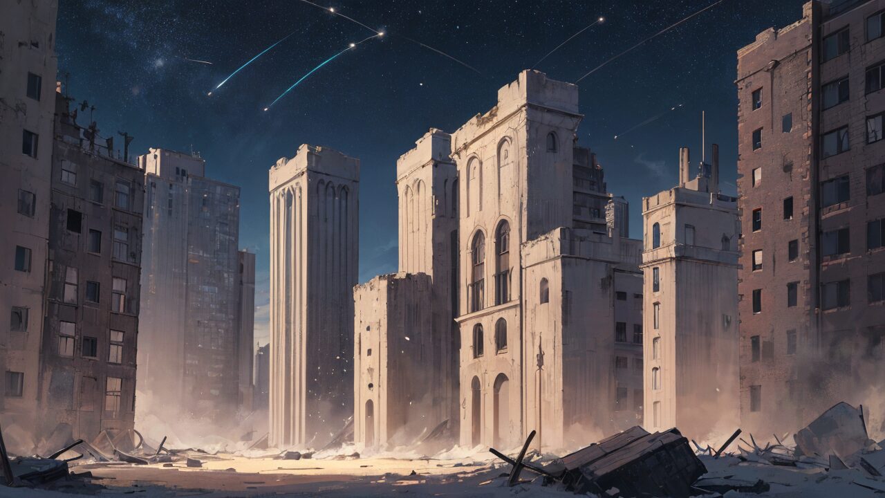 廃墟・夜空流星・都市崩壊のイラスト素材