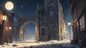 月明かり・夜の街並み・石造りの門のイラスト素材｜商用利用可