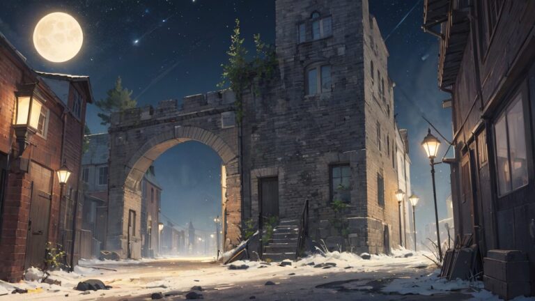 月明かり・夜の街並み・石造りの門のイラスト素材｜商用利用可