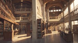 古典図書館・大空間・木製本棚のイラスト素材｜商用利用可