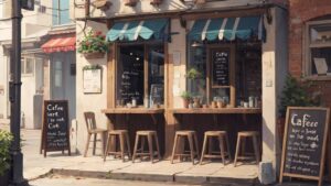 カフェ・街角・木製椅子のイラスト素材｜商用利用可