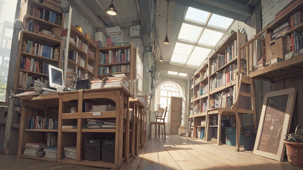 古書倉庫・木製書架・窓からの光のイラスト素材