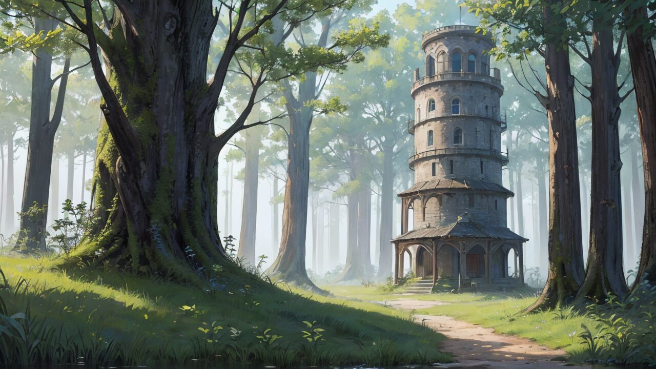 森の塔・幻想的森・古塔の道のイラスト素材