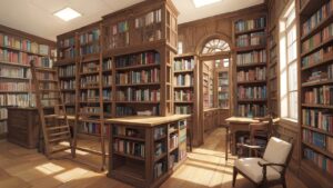 古書館・木製家具・光の差し込みのイラスト素材｜商用利用可