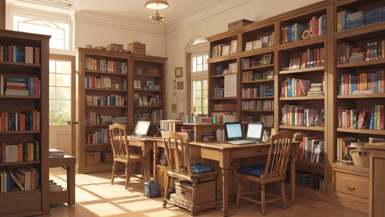 古典的な図書館・温かい光・木製家具のイラスト素材