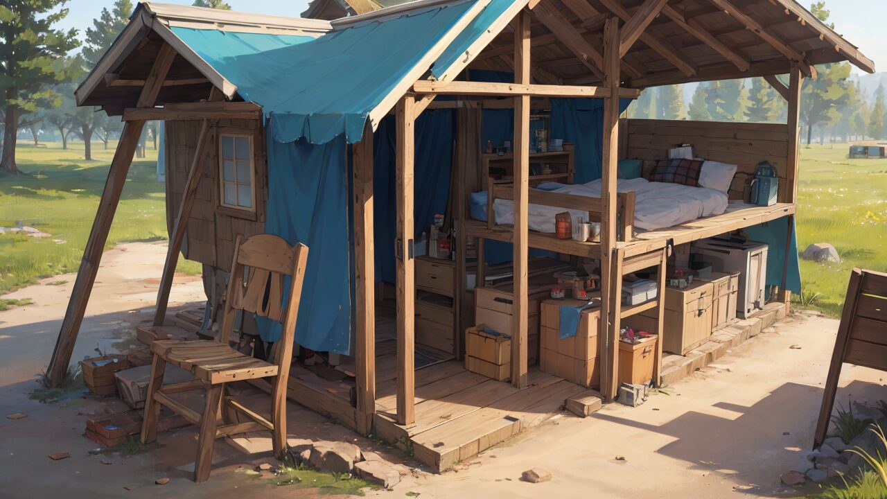 木造小屋・キャンプ・自然風のイラスト素材