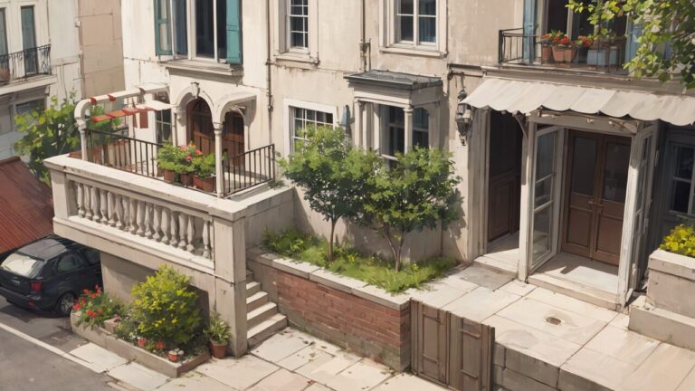 町家・花園・晴天のイラスト素材｜商用利用可