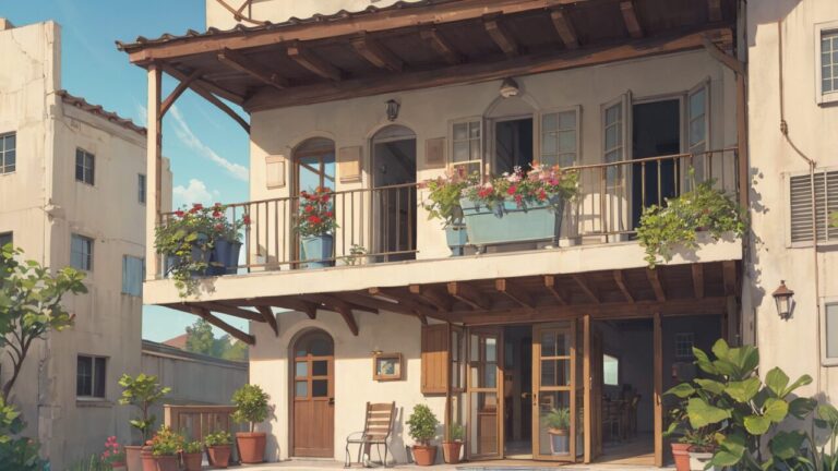 地中海風・バルコニー・植木鉢のイラスト素材｜商用利用可