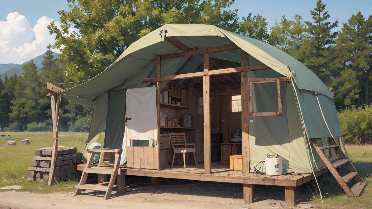 キャンプ小屋・木造テント・自然の家のイラスト素材