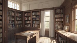 古典的図書室・木製家具・自然光のイラスト素材｜商用利用可