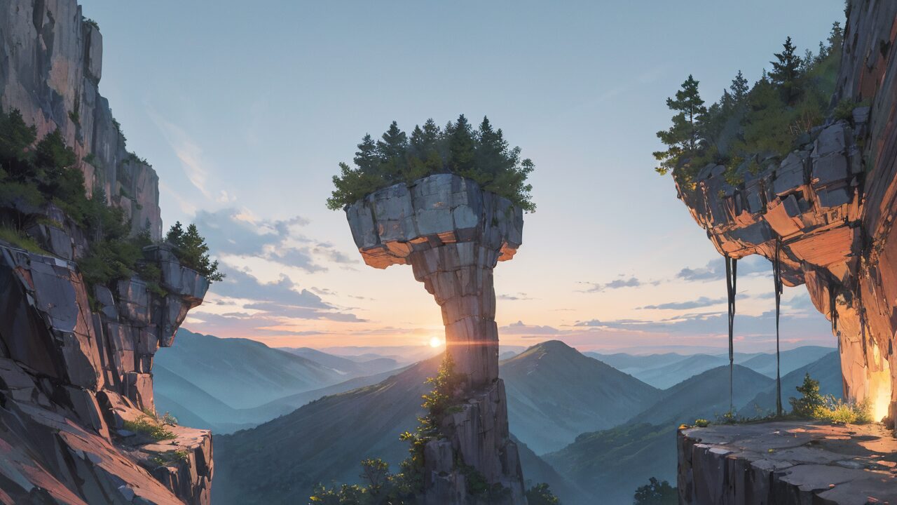 幻想的山峰・夕焼けの風景・自然の岩構造のイラスト素材