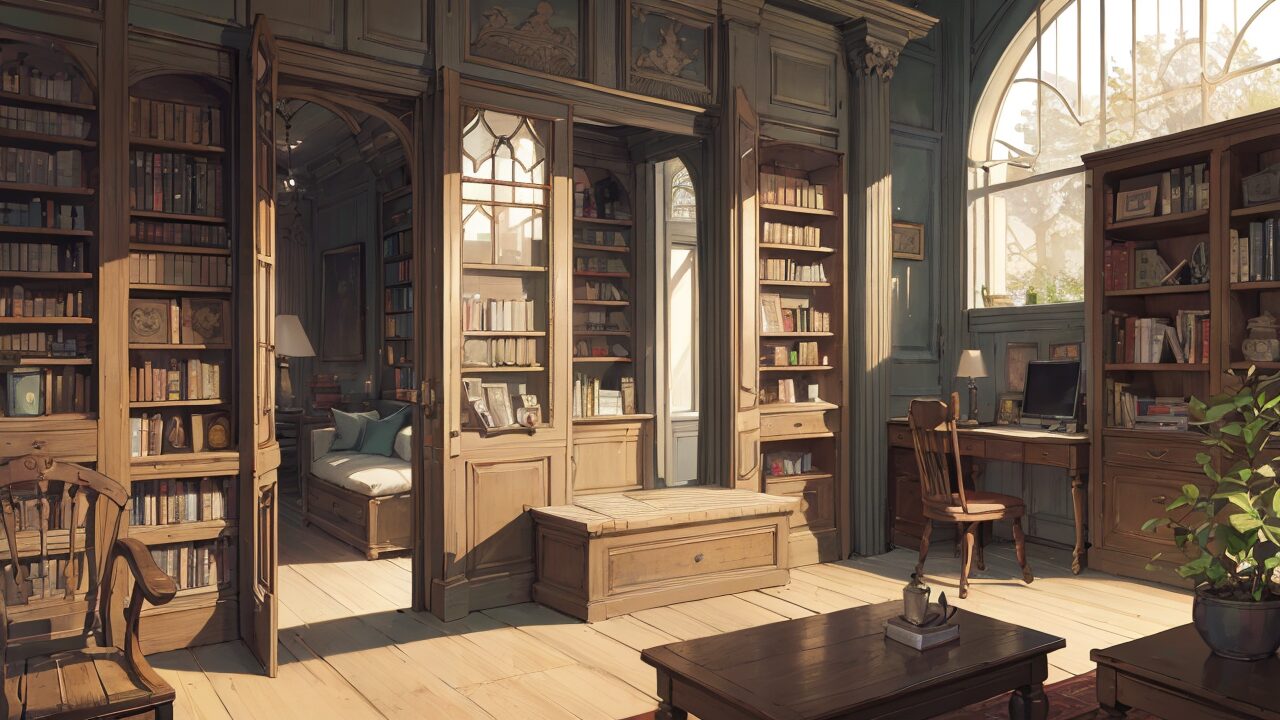 古典的図書室・木製家具・自然光の室内のイラスト素材