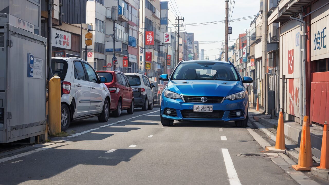 日本街角・都市道路・自動車のイラスト素材