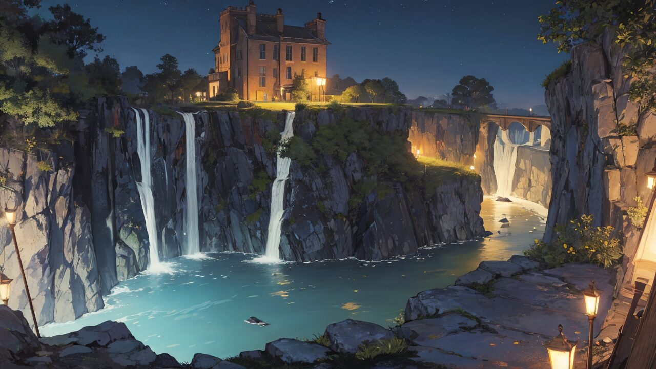 幻想的な滝・夜の城・温泉のイラスト素材