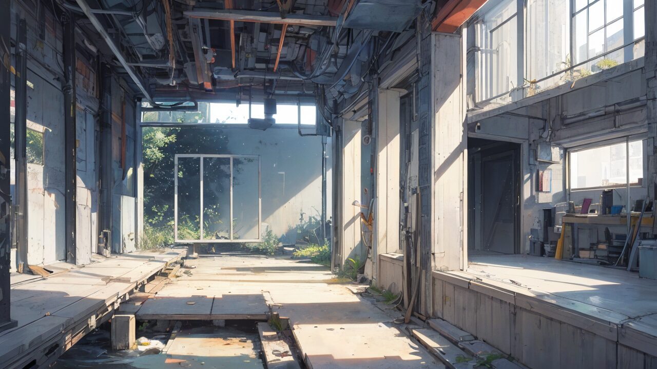 廃墟・光の中の古廃建物・日光透過のイラスト素材