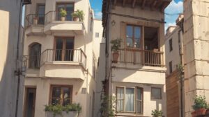 町並み・植木鉢・明るい日差しのイラスト素材｜商用利用可