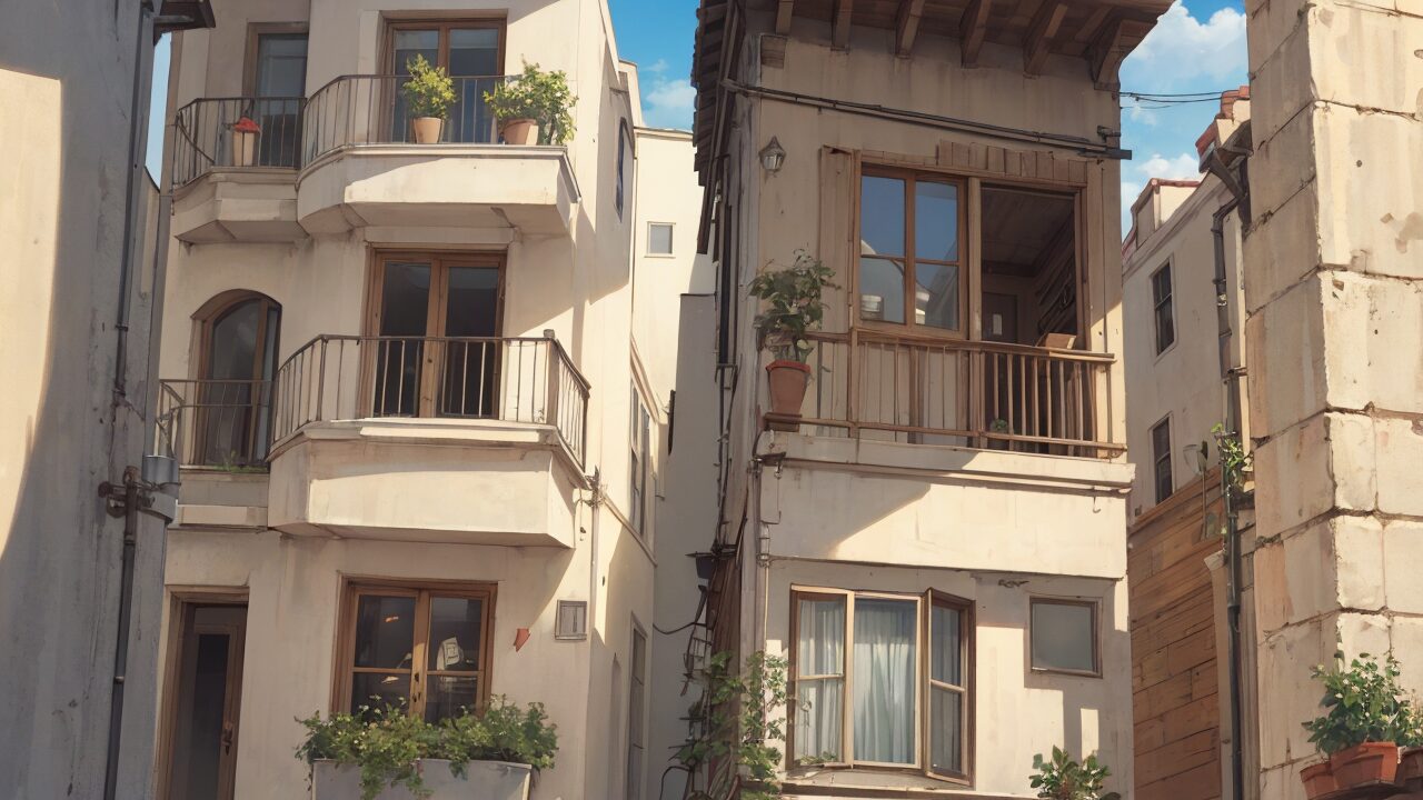 町並み・植木鉢・明るい日差しのイラスト素材