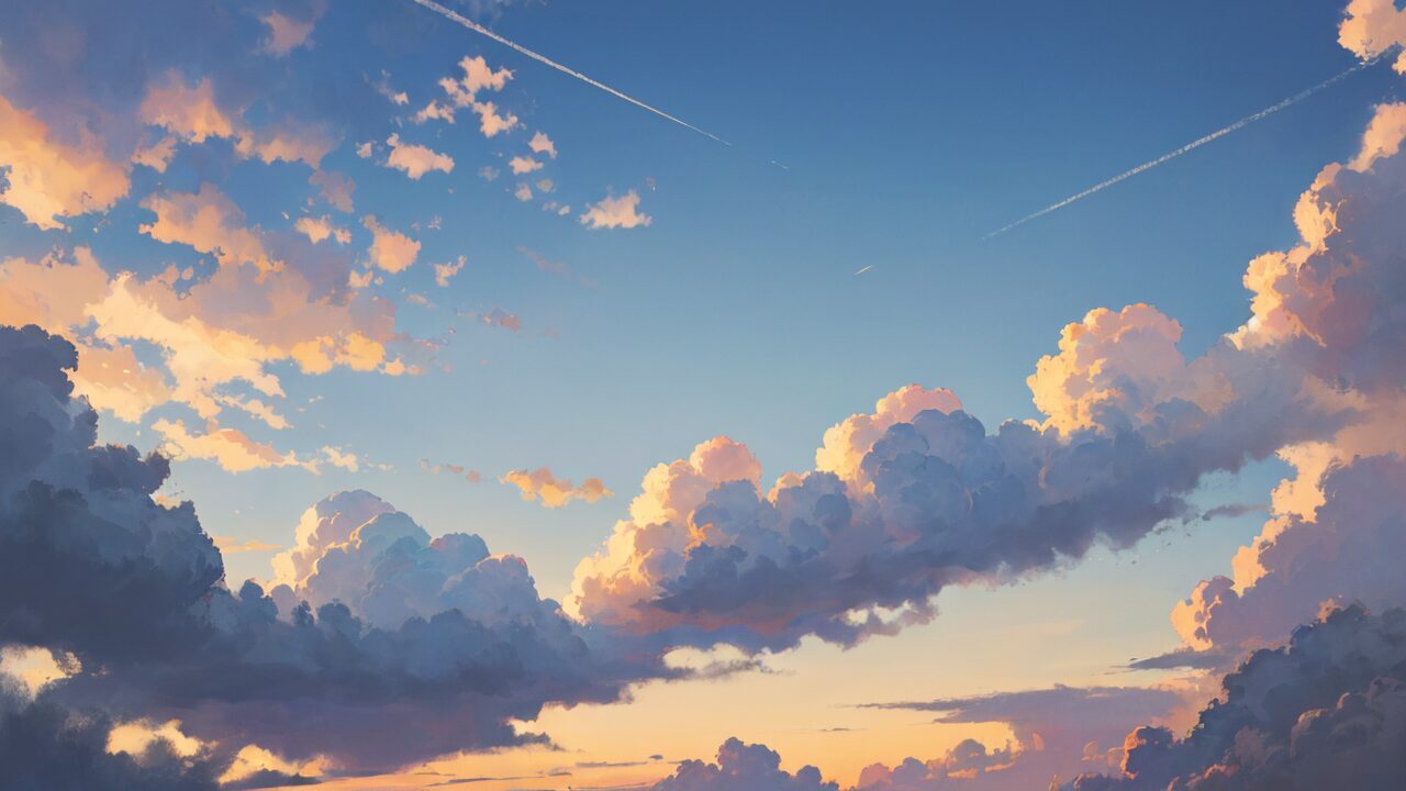 夕焼け空・雲の広がり・航空機の尾白のイラスト素材