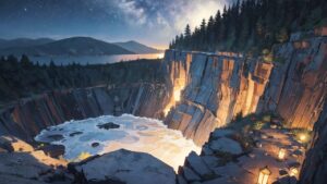 星空の滝・岩の峡谷・幻想的な夜景のイラスト素材｜商用利用可