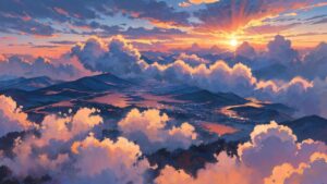 夕焼け・山々・雲のイラスト素材｜商用利用可