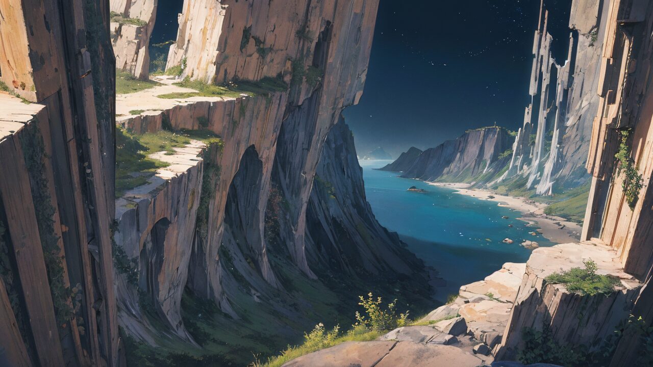 幻想的峡谷・星空下的海・古老遗迹のイラスト素材