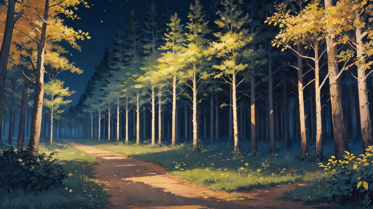 夜の森・明るい木々・静かな道のイラスト素材