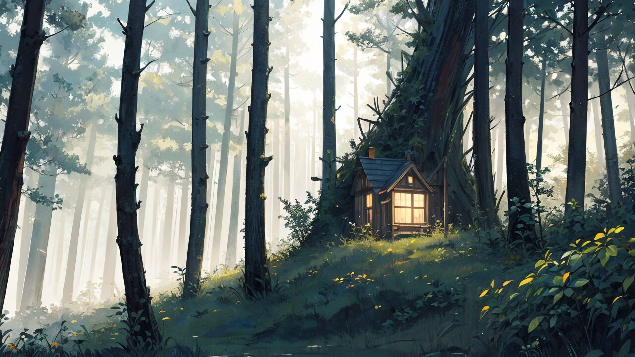 森の小屋・朝霧・自然の光のイラスト素材