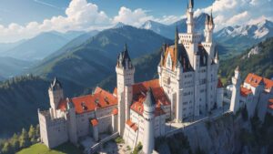 中世城郭・壮大な山々・赤い屋根のイラスト素材｜商用利用可