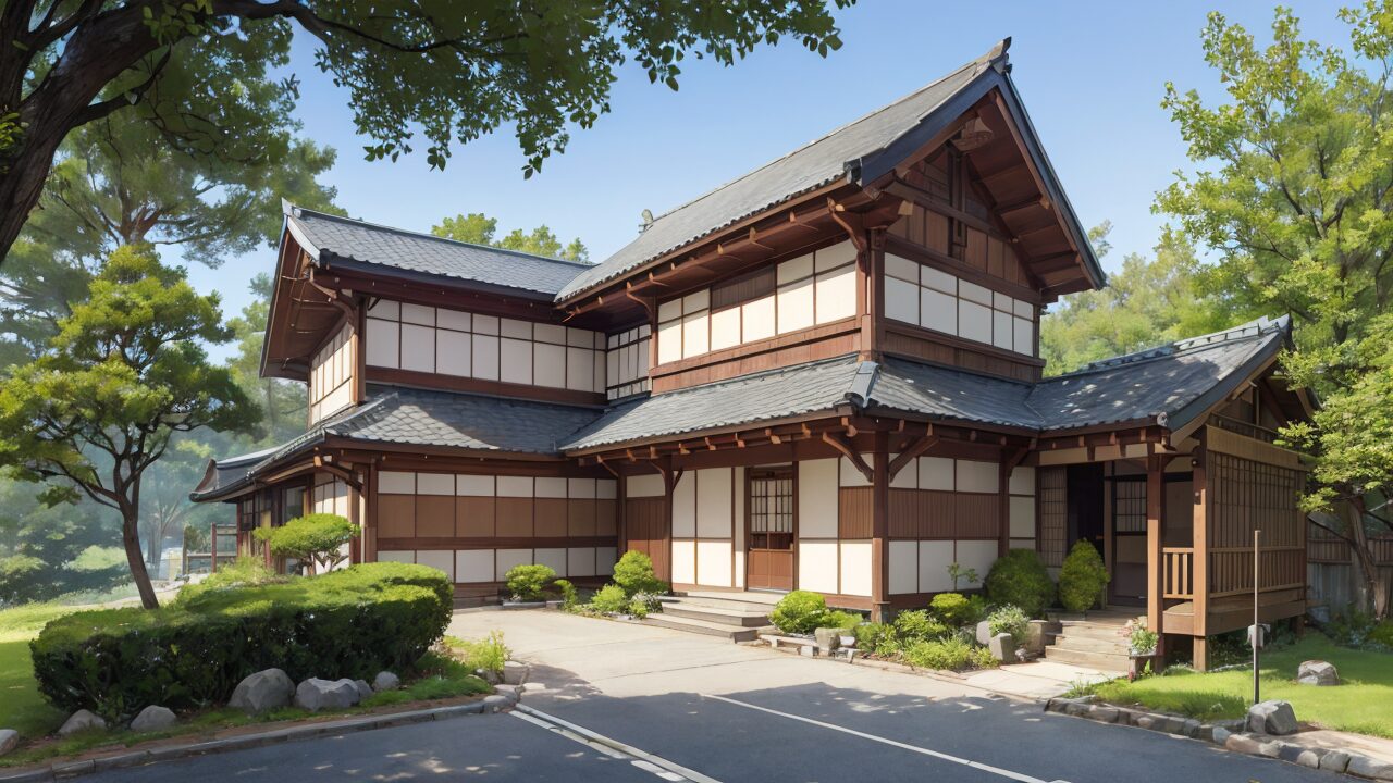 日本庭園・伝統建築・木造家屋のイラスト素材